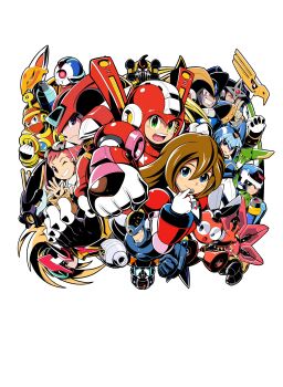 4girls 6+boys absurdres aero_(mega_man) aile_(mega_man_zx) android arm_cannon aztec_falcon_(mega_man) bass_(mega_man) blazin&#039;_flizard_(mega_man) blonde_hair blue_eyes brown_hair clenched_hand closed_mouth copy_x_(mega_man) cut_man deathtanz_mantisk_(mega_man) duo_(mega_man) fairy_leviathan_(mega_man) flash_man goggles goggles_on_head green_eyes grin hashtag-only_commentary helmet hi-go! highres in-franchise_crossover iris_(mega_man) kuji-in long_hair looking_at_viewer mega_man_(character) mega_man_(classic) mega_man_(series) mega_man_1 mega_man_2 mega_man_3 mega_man_4 mega_man_7 mega_man_8 mega_man_legends_(series) mega_man_legends_3 mega_man_x_(series) mega_man_xtreme_2 mega_man_zero_(series) mega_man_zero_3 mega_man_zx model_x_(mega_man) model_zx_(mega_man) multiple_boys multiple_girls one_eye_closed open_mouth pantheon_(mega_man) pink_hair red_eyes red_helmet ring_man robot shadow_man_(mega_man) sketch smile super_mega_man_(mega_man) teeth upper_teeth_only vent_(mega_man) volteel_biblio_(mega_man) weapon white_background zero(z)_(mega_man) zero_(mega_man)