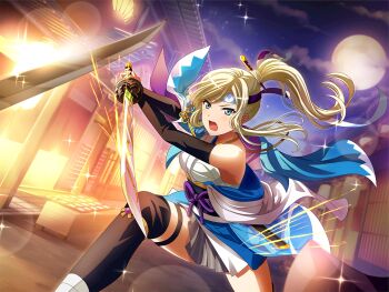 1girl black_bridal_gauntlets black_thighhighs blonde_hair blue_eyes blue_haori blue_headband bridal_gauntlets cosplay duel full_moon game_cg grey_skirt haori headband holding holding_sword holding_weapon japanese_clothes katana kimono long_hair moon nagakura_shinpachi nagakura_shinpachi_(cosplay) night official_art open_mouth pleated_skirt ponytail shinsengumi shoujo_kageki_revue_starlight shoujo_kageki_revue_starlight_-re_live- sidelocks skirt skirt_under_kimono sleeveless sleeveless_kimono solo sword thigh_strap thighhighs upper_body weapon white_kimono yumeoji_fumi