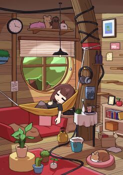 1girl absurdres analog_clock apple black_shirt blush_stickers book bookshelf boombox box brown_hair cactus cardboard_box cheribon chopsticks clock couch cup cup_ramen dog flower food fruit glass_bottle hammock headphones highres indoors kettle mug original plant potted_plant rug shelf shirt sleeping sleeping_animal solo stuffed_animal stuffed_chicken stuffed_pig stuffed_tanuki stuffed_toy table teddy_bear trash_can treehouse unworn_headphones vase window