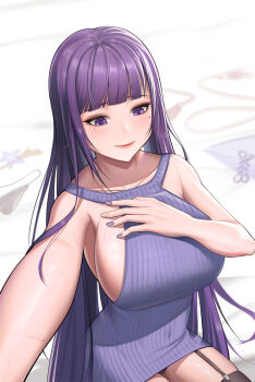 1girl alternate_costume arm_up bare_shoulders blunt_bangs blunt_ends blush breasts cleavage closed_mouth collarbone commentary_request covered_navel genshin_impact hair_down hand_on_own_chest holding huge_breasts large_breasts light_smile long_hair mole mole_under_eye panties pink_lips pulling_own_clothes purple_eyes purple_hair purple_nails raiden_shogun ribbed_sweater shade sideboob sitting solo sweater thighhighs thighs underwear yuxing_yuhang