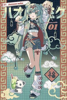 1girl :o absurdres animal_print bear_print black_bustier bustier cherry_print chinese_clothes diamond_earrings dice double_bun earrings food-themed_hair_ornament food_print fruit_print full_body green_eyes hair_bun hair_ornament hao_(vocaloid) hatsune_miku highres jacket jewelry leg_warmers long_sleeves looking_at_viewer melon_soda midriff moo_n_moko nail_polish open_mouth oversized_jacket panda_print peach_hair_ornament polyhedral_dice red_nails solo twintails vocaloid white_leg_warmers