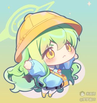 1girl bag blue_archive blue_background blue_shirt blue_skirt blush chibi chibi_only closed_mouth collared_shirt contrast_collar full_body gradient_background green_background green_halo hair_between_eyes halo hat hikari_(blue_archive) kindergarten_uniform long_sleeves mihuashi_username name_tag outstretched_arms pleated_skirt school_bag school_hat shirt shoes skirt solo spread_arms standing teoskyrios thick_eyebrows v-shaped_eyebrows yellow_eyes yellow_hat yellow_shoes