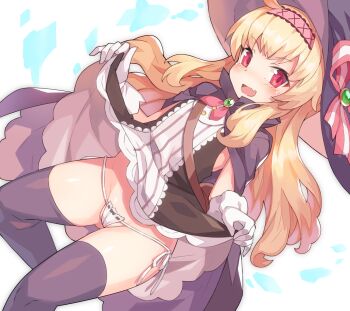 1girl :d bag black_cloak black_dress black_hat black_thighhighs blonde_hair blush bow bow_panties cleft_of_venus cloak clothes_lift commentary_request dress dress_lift dutch_angle fang groin hat hat_bow highres lifting_own_clothes little_witch_nobeta long_hair looking_at_viewer nobeta open_mouth paid_reward_available panties red_eyes ribbon-trimmed_panties ribbon_trim shoulder_bag side-tie_panties sleeveless sleeveless_dress smile solo striped_bow thighhighs tsudero underwear v-shaped_eyebrows very_long_hair white_background white_panties witch_hat