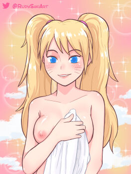 1girl absurdres areola_slip blonde_hair blue_eyes blush breasts female_focus highres long_hair naked_towel naruko_(naruto) naruto_(classic) naruto_(series) nipples onsen rudy_saki smile solo towel twintails uzumaki_naruto