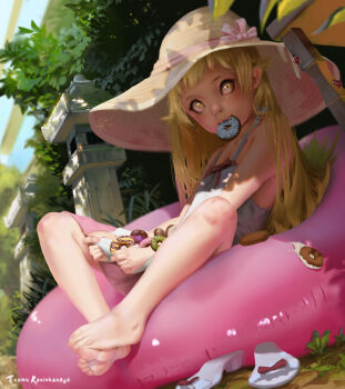 1girl artist_name bakemonogatari barefoot bean_bag_chair blonde_hair dappled_sunlight day donut dress fangs feet feet_together female_focus food food_in_mouth full_body grass hat highres leaf long_hair looking_at_viewer monogatari_(series) mouth_hold oshino_shinobu outdoors pointy_ears realistic sandals shade sitting skirt_hold solo sun_hat sundress sunlight teemu_taiga toes tree_shade unworn_sandals vampire white_dress yellow_eyes