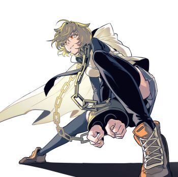 1girl black_thighhighs blonde_hair bound bound_wrists cape chain collar commentary_request don_quixote_(project_moon) gwanrija13 highres index_(identity)_(project_moon) korean_commentary limbus_company orange_eyes project_moon skirt smile thighhighs white_skirt