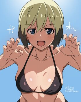 1girl bikini black_bikini blonde_hair blue_background blue_eyes breasts claw_pose collarbone commentary_request erica_hartmann highres looking_at_viewer medium_breasts open_mouth short_hair simple_background solo standing strike_witches swimsuit unkai_daraku upper_body world_witches_series