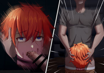 2boys artist_request blood blood_on_neck blue_eyes censored corpse death decapitated_head decapitation disembodied_head empty_eyes ero_guro fellatio guro holding_hands male_focus multiple_boys necrophilia oral orange_hair penis severed_head sex shota skull_fucking snuff yaoi