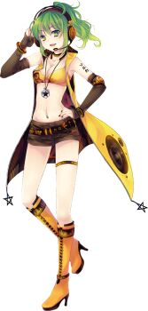 1girl :d belt black_shorts boots bra breasts choker cleavage detached_sleeves earrings full_body green_eyes green_hair headphones headset highres jacket jewelry looking_at_viewer medium_hair midriff navel necklace official_art open_clothes open_jacket open_mouth ponytail shinia shorts sleeveless smile solo sonika speaker standing star_(symbol) star_earrings star_necklace tachi-e third-party_source transparent_background underwear vocaloid yellow_boots yellow_bra yellow_jacket