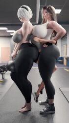 1boy 2b_(nier:automata) 2girls 3d 9s_(nier:automata) animated bare_shoulders barefoot between_breasts blindfold breast_smother breasts brown_hair exercising face_to_breasts femdom final_fantasy final_fantasy_vii fingerless_gloves gloves gym hairband hands_on_own_hips head_between_breasts highres huge_breasts indoors jiggle long_hair multiple_girls nier_(series) scrag_boy short_hair size_difference sound standing struggling stuck tagme tall_female tifa_lockhart trapped video weightlifting white_hair