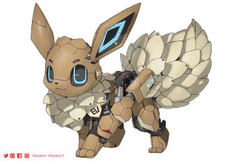 blue_eyes eevee facebook_logo facebook_username gen_1_pokemon highres instagram_logo instagram_username mecha mechanization nintendo pixiv_logo pixiv_username pokemon pokemon_(creature) robot simple_background smile solo twitter_logo twitter_username white_background xezeno