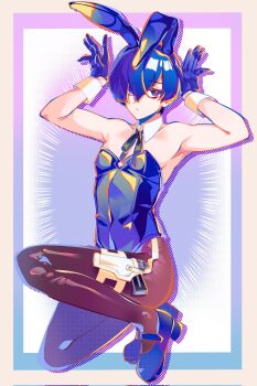 1boy alternate_costume animal_ear_hairband animal_ears armpits black_ribbon blue_eyes blue_gloves blue_hair blue_leotard blue_shoes border brown_pantyhose carumikoto collar corrupted_twitter_file detached_collar drop_shadow emphasis_lines evoker fake_animal_ears full_body gloves gradient_border hair_over_one_eye hairband hands_up highres holster leotard looking_to_the_side male_focus male_playboy_bunny mary_janes on_one_knee pantyhose persona persona_3 rabbit_ear_hairband rabbit_ears rabbit_pose ribbon shoes short_hair solo strapless strapless_leotard thigh_holster white_background white_collar white_wrist_cuffs wing_collar wrist_cuffs yuuki_makoto_(persona_3)
