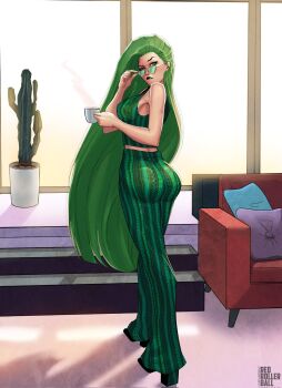 1girl adjusting_eyewear alternate_costume armchair artist_name ass ass_focus bell-bottoms breasts cactus chair crop_top cup forbidden_pants full_body green-tinted_eyewear green_eyes green_hair green_pants green_tank_top high_heels highres indoors long_hair looking_at_viewer looking_back looking_over_eyewear marvel medium_breasts mug pants polaris_(x-men) print_pants print_tank_top raised_eyebrow redrollerball12 solo standing sunglasses tank_top tinted_eyewear x-men