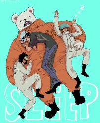 Rule 34 | 4boys, arm tattoo, arms up, bear, bepo, black footwear, boots, closed eyes, commentary request, denim, full body, hat, highres, jeans, jumpsuit, light blue background, long sleeves, male focus, multiple boys, one piece, orange jumpsuit, pants, penguin (one piece), potechi norisio, profile, shachi (one piece), sleeping, sunglasses, tattoo, trafalgar law, white jumpsuit, zzz