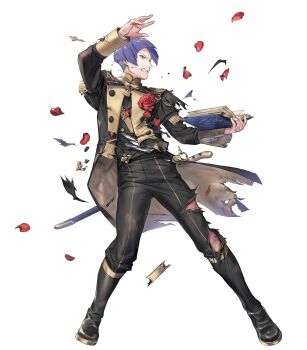Rule 34 | 1boy, brooch, clenched teeth, damaged, diagonal bangs, fire emblem, fire emblem: three houses, fire emblem heroes, flower, flower brooch, garreg mach monastery uniform, highres, jewelry, lorenz hellman gloucester, male focus, nintendo, non-web source, purple eyes, purple hair, red flower, red rose, rose, solo, teeth, torn clothes