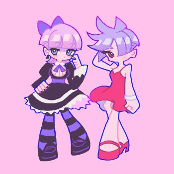 2boys arm_up black_nails black_shoes blue_eyes blunt_bangs bow brothers commentary cosplay crossdressing crossdressing_(mtf) dress eyelashes full_body gothic_lolita hair_bow hair_over_one_eye high_heels highres lolita_fashion long_sleeves looking_to_the_side male_focus multiple_boys nail_polish one_eye_covered panty_&amp;_stocking_with_garterbelt panty_(psg) panty_(psg)_(cosplay) parted_bangs pink_background pink_hair polyester_(psg) polyurethane_(psg) purple_hair red_dress red_eyes red_shoes reed shoes siblings sideways_glance simple_background stocking_(psg) stocking_(psg)_(cosplay) striped_clothes striped_thighhighs symbol-only_commentary thighhighs