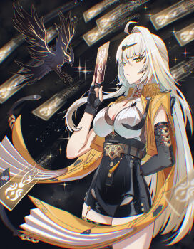 1girl absurdres ahoge beike_paodan bird black_gloves black_skirt breasts casting_spell cleavage closed_mouth cowboy_shot fingerless_gloves gloves hair_ornament hairclip highres holding jacket large_breasts long_hair looking_at_viewer shorts skirt solo spell thighhighs very_long_hair white_hair yellow_eyes yellow_jacket yixuan_(zenless_zone_zero) zenless_zone_zero
