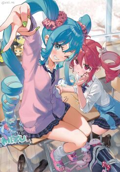 2girls ahoge alternate_costume alternate_hairstyle ankle_socks black_shoes black_skirt black_thighhighs blue_bow blue_bowtie blue_cardigan blue_eyes blue_necktie blue_skirt blush bow bowtie brown_shoes cardigan cardigan_around_waist cellphone chair character_doll clothes_around_waist collared_shirt commentary_request copyright_request crocs desk doll drill_hair elbow_rest fingernails green_nails grin hair_between_eyes hair_bow hair_ribbon hand_rest hatsune_miku highres holding holding_phone indoors kasane_teto kasane_teto_(sv) kirby kirby_(series) loafers long_hair looking_at_viewer miniskirt multiple_girls necktie nintendo oici_ne on_chair on_desk one_eye_closed open_mouth phone pink_cardigan pink_panther pink_panther_(character) pleated_skirt red_eyes red_hair ribbon school_desk school_uniform shirt shoes simple_background sitting skirt smartphone smile socks synthesizer_v thighhighs twin_drills twintails unworn_shoes utau very_long_hair vocaloid white_background white_bow white_ribbon white_shirt white_socks zettai_ryouiki