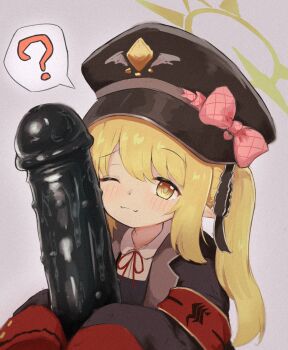 0rg 1girl ;3 ? absurdres armband black_jacket blonde_hair blue_archive blue_dress blush bow closed_mouth collared_shirt demon_girl dildo dress film_grain gehenna_academy_logo halo hat hat_bow highres holding holding_sex_toy huge_dildo ibuki_(blue_archive) jacket loli long_hair long_sleeves looking_at_viewer low_wings musical_note neck_ribbon one_eye_closed open_clothes open_jacket pinafore_dress pink_bow pointy_ears red_armband ribbon sex_toy shirt sleeveless sleeveless_dress sleeves_past_fingers sleeves_past_wrists smile solo spoken_question_mark upper_body white_shirt wings yellow_eyes yellow_halo
