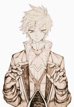 Rule 34 | 1boy, ascot, bookmark, gloves, grimms notes, hair between eyes, hands up, high collar, jacket, long sleeves, looking at object, male focus, monochrome, open clothes, open jacket, parted lips, pov, puffy long sleeves, puffy sleeves, revol (grimms notes), shino (5no), shirt, simple background, solo, spiked hair, teeth, white background