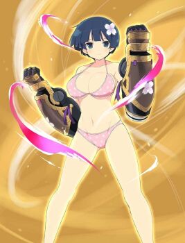 1girl aura bikini blue_hair blunt_bangs blush bowl_cut breasts cleavage collarbone energy flower gauntlets gluteal_fold groin hair_flower hair_ornament large_breasts linea_alba looking_at_viewer navel pink_bikini polka_dot polka_dot_bikini power_fist senran_kagura senran_kagura_new_wave senran_kagura_shinovi_versus shiny_skin short_hair smile solo standing swimsuit underboob yellow_background yozakura_(senran_kagura)