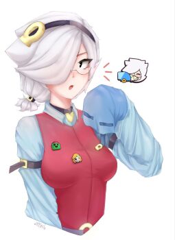 1girl 66yoshi99 belt blue_sleeves brawl_stars breasts cactus colette_(brawl_stars) eyewear_on_head hair_over_one_eye highres long_sleeves looking_at_viewer medium_breasts non-web_source open_mouth pin red_vest short_hair simple_background vest white_background white_hair