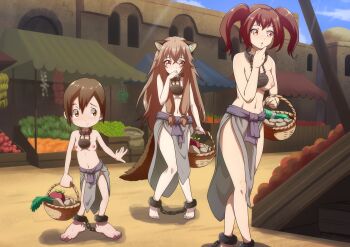 3girls absurdres animal_ears bandai_namco barefoot basket brown_hair chain collar container digimon feet female_focus food fruit full_body highres huge_filesize loli market multiple_girls nipples outdoors plant raphtalia sky slave slave_clothes slave_collar tate_no_yuusha_no_nariagari the_dark_mangaka tate_no_yuusha_no_nariagari yagami_hikari