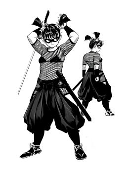 1girl bikini covered_navel domino_mask eye_mask fishnet_top fishnets highres mask monochrome murata_yuusuke ninja one-punch_man pants sandals shadow_ring_(one-punch_man) short_twintails shuriken socks swimsuit sword twintails weapon