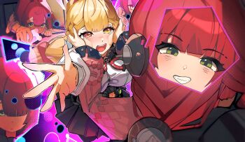 2girls absurdres alice_thymefield animal_ears ayu_(user_xkhp7843) black_skirt blonde_hair braid braided_twintails cardigan chest_bow crying flashback green_eyes hair_ornament hands_on_another&#039;s_face hearing_aid heterochromia highres hollow_(zenless_zone_zero) long_hair looking_at_another multiple_girls orange_eyes pink_cardigan rabbit_ears rabbit_girl red_hair shirt skirt sphere_hair_ornament twintails ukinami_yuzuha white_shirt yellow_eyes zenless_zone_zero