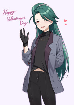 Rule 34 | 1girl, ;d, absurdres, arm behind back, black gloves, black pants, bright pupils, buttons, chain, chain necklace, commentary request, cowboy shot, earrings, eyewear hang, glasses, gloves, green hair, grey jacket, hand up, happy, happy valentine, heart, highres, jacket, jewelry, kirishima rin (rin117), long hair, necklace, nintendo, official alternate costume, one eye closed, open clothes, open jacket, open mouth, pants, pokemon, pokemon masters ex, red eyes, rika (palentine's 2026) (pokemon), rika (pokemon), shirt, simple background, smile, solo, unworn eyewear, white pupils