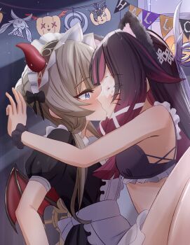 2girls absurdres animal_ears black_hair blue_eyes blush brown_hair cat_ears closed_eyes columbina_(genshin_impact) demon_costume eye_mask french_kiss genshin_impact halloween highres kiss long_hair maid mask multiple_girls sandrone_(genshin_impact) somii white_mask yuri