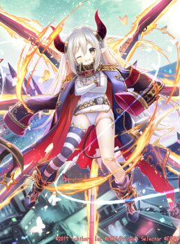 1girl asymmetrical_legwear black_thighhighs blue_jacket breasts crossed_arms demon_girl demon_horns emma_august grey_hair horns jacket long_hair looking_at_viewer nijisanji official_art one_eye_closed ori_simo pointy_ears red_jacket shirt small_breasts smile solo striped_clothes striped_thighhighs thighhighs two-sided_fabric two-sided_jacket very_long_hair white_background white_shirt white_thighhighs wixoss yellow_eyes