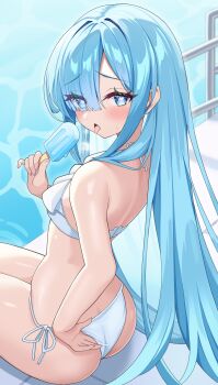 1girl absurdres adjusting_clothes adjusting_swimsuit ass azur_lane bare_shoulders bikini blue_eyes blue_hair blush breasts commentary_request elegant_(sumisumi4268) food heart heart-shaped_pupils highres holding holding_food holding_popsicle janus_(azur_lane) janus_(shimmering_splashes_above_the_clouds)_(azur_lane) long_hair looking_at_viewer looking_back open_mouth outdoors popsicle side-tie_bikini_bottom sitting small_breasts solo swimsuit symbol-shaped_pupils tongue tongue_out white_bikini