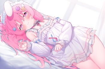 Rule 34 | 1girl, animal ears, bed sheet, blue eyes, blush, character request, choker, closed mouth, commentary request, commission, copyright request, cowboy shot, cross hair ornament, detached sleeves, dress, eip (pepai), frilled choker, frilled dress, frilled sleeves, frills, hair ornament, hair spread out, long hair, long sleeves, looking at viewer, lying, maid headdress, multicolored eyes, on side, pink eyes, pink hair, rabbit ears, rabbit girl, short dress, skeb commission, sleeve garter, sleeves past wrists, smile, solo, star (symbol), star hair ornament, two-tone eyes, very long hair, virtual youtuber, white choker, white dress, white sleeves, wing hair ornament