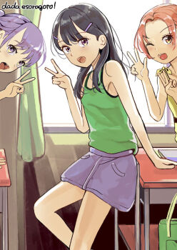3girls :d bare_shoulders black_hair brown_eyes chair commentary_request desk double_v fang hair_ornament hairclip indoors long_hair looking_at_viewer multiple_girls nanako4589 one_eye_closed open_mouth original purple_eyes purple_hair school_desk shorts skirt sleeveless smile v v_over_eye w
