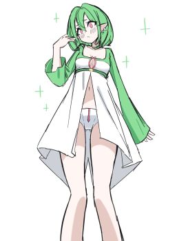 1girl absurdres blush bob_cut commentary_request earrings gardevoir gen_3_pokemon green_hair highres jewelry m3_(gardevoir_m3) micro_shorts nintendo personification pink_eyes pointy_ears pokemon pokemon_(creature) shorts simple_background sparkle white_background white_shorts