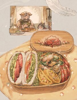 1boy 1girl animal_ears beard bento black_eyes black_hair bracer bread cat_ears cat_girl chopsticks closed_eyes closed_mouth curtains dragon dungeon_meshi dwarf facial_hair fake_horns falling_feathers feathers food food_focus food_request fur_trim grey_background handkerchief hashtag-only_commentary helmet highres holding holding_chopsticks horned_helmet horns izutsumi lettuce looking_at_food lunchbox maeka_(kumaekake) meat mushroom mustache red_dragon_(dungeon_meshi) sandwich senshi_(dungeon_meshi) short_hair sparkle white_feathers window wrapped_bento