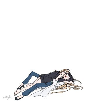 2girls a_jak ahoge black_hair black_shirt black_shoes blonde_hair blue_pants blush cho_kaguya-hime! closed_eyes highres kaguya_(cho_kaguya-hime!) lab_coat long_hair long_sleeves lying medium_hair mole mole_under_eye multiple_girls on_back open_mouth pants pink_shorts sakayori_iroha shirt shoes shorts sidelocks simple_background smile three-quarter_sleeves white_background yuri