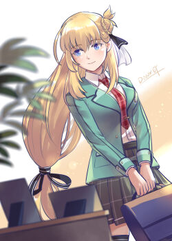 Rule 34 | 1girl, agnes claudel, aradonkey, aramis high school uniform, artist name, blonde hair, blue eyes, braid, braided bun, bun with braided base, collared shrug, commentary request, double-parted bangs, eiyuu densetsu, hair bun, highres, kuro no kiseki (series), light smile, long hair, low-tied long hair, school uniform, shrug (clothing), simple background, single side bun, skirt