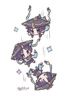 3boys arms_at_sides black_bodysuit black_bow black_bridal_gauntlets black_shorts blue_hat blue_kimono blunt_ends blush_stickers bodysuit bow bridal_gauntlets bright_pupils chibi clone closed_eyes facing_up falling furisode genshin_impact gold hat highres hoshizuki_chimama japanese_clothes jingasa juban kimono looking_at_another looking_at_viewer mandala motion_lines multiple_boys open_clothes open_kimono open_mouth outstretched_arms primogem purple_eyes purple_hair purple_sash sash scaramouche_(genshin_impact) short_sleeves shorts spread_arms tassel twitter_username wanderer_(genshin_impact) white_background white_kimono white_pupils white_sleeves wispy_bangs