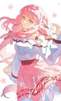 1girl absurdres bare_shoulders black_bow black_ribbon bow bra_strap center_frills chalkboard chinese_commentary closed_mouth commentary commentary_request cowboy_shot dated english_commentary floating_clothes floating_hair frilled_shirt frilled_skirt frilled_sleeves frills hair_bow hair_ribbon happy happy_birthday head_tilt highres holding holding_star infinity_nikki light_particles long_hair long_sidelocks long_sleeves looking_at_viewer low_twintails miniskirt nikki_(nikki) nikki_(series) off-shoulder_shirt off_shoulder perfect_start_(infinity_nikki) pink_eyes pink_hair pink_skirt pointy_nose print_skirt puffy_long_sleeves puffy_sleeves ribbon shen_shen_ruqi shirt sidelocks skirt smile snowflake_print solo standing star_(sky) star_(symbol) star_symbol_background tress_ribbon twintails very_long_hair wavy_hair white_background white_shirt