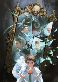1girl 3boys absurdres anne_sallow black_robe blind blonde_hair blunt_bangs broken_glass broken_mirror brother_and_sister brown_hair closed_eyes crack cracked_glass glass green_necktie hair_bun highres hogwarts_legacy hogwarts_school_uniform holding holding_wand hooded_robe merula_schwarz mirror multiple_boys necktie ominis_gaunt protagonist_(hogwarts_legacy) robe school_uniform sebastian_sallow short_hair siblings skull slytherin wand wizarding_world