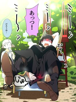 1boy 1girl absurdres black_hair black_shirt black_skirt black_sweater blunt_bangs boots breasts burning bush check_translation day food goumonsha hat highres hot huge_breasts kurokirishima_yui_(goumonsha) long_skirt original outdoors pantyhose popsicle purple_eyes sandals shirt shoes short_hair shorts skirt sleeveless slide sliding sweater t-shirt tall_female translation_request tree