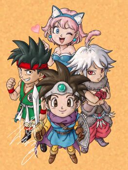 Rule 34 | 1boy, 3girls, ;d, animal ear hairband, animal ears, aqua gem, bandaged arm, bandages, bandeau, black bandeau, black eyes, black hair, blue eyes, blue leotard, blue tunic, boots, breasts, brown boots, brown eyes, brown gloves, brown hair, cape, cat ears, cat tail, chibi, circlet, cleavage, clenched hand, commentary request, crossed arms, dougi, dragon quest, dragon quest iii, dual wielding, earrings, eyeshadow, fake animal ears, from above, fur shawl, gadabout (dq3), gem, gloves, grin, hairband, headband, heart, heroine (dq3), highres, holding, holding shield, holding sword, holding weapon, jewelry, leotard, looking at viewer, makeup, martial artist (dq3), monster wrangler (dq3), mosaic background, multiple girls, murakami yumiko, muscular, muscular male, navel, off shoulder, one eye closed, open mouth, orange background, pants, pelt, pink hair, pink lips, pink tail, purple cape, purple eyeshadow, red eyes, red headband, red pants, roto (dq3), shawl, shield, short hair, signature, silver circlet, smile, spiked hair, stud earrings, sword, tail, toriyama akira (style), tunic, weapon, white hair, white trim, yellow leggings, yellow sleeves