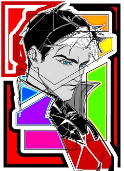 1boy bat_signal batman_(series) batman_symbol black_bodysuit black_hair blue_eyes bodysuit brown_jacket dc_comics grey_bodysuit highres jacket jason_todd male_focus multicolored_bodysuit muscular muscular_male open_clothes red_hood_(dc) red_hood_and_the_outlaws short_hair superhero_costume taut_bodysuit two-tone_bodysuit zheyanhengzheyu