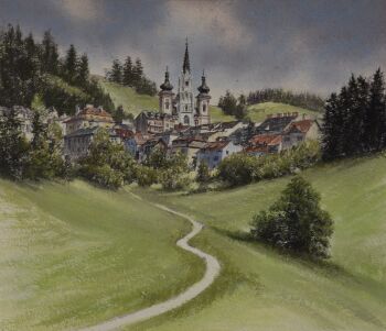 absurdres apartment austria blue_sky building bush day grass highres hill house no_humans original painting_(medium) path road sky tanamachi_yoshihiro tower traditional_media tree window