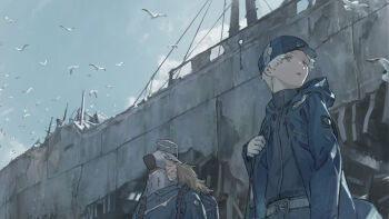 Rule 34 | 2boys, abandoned, absurdres, backpack, bag, bird, blonde hair, blue coat, blue hat, blue sky, chenrong96, coat, fake halo, flock, green eyes, halo, hat, highres, hood, hood down, hooded jacket, jacket, long hair, multiple boys, open clothes, open coat, original, outdoors, parted lips, seagull, ship, short hair, sky, turning head, watercraft