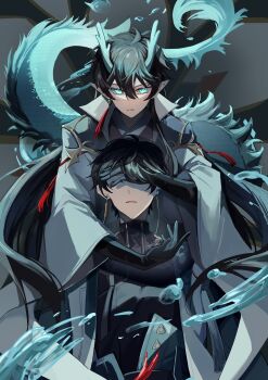 2boys absurdres black_hair chinese_clothes dan_feng_(honkai:_star_rail) dan_heng_(honkai:_star_rail) dan_heng_(imbibitor_lunae)_(honkai:_star_rail) dragon_boy dragon_horns earrings eyeliner gloves green_eyes green_horns hair_between_eyes highres honkai:_star_rail honkai_(series) horns jewelry long_hair long_sleeves looking_at_viewer male_focus multiple_boys official_alternate_costume official_alternate_hairstyle pointy_ears red_eyeliner short_hair siblings szlljxk tail twins water