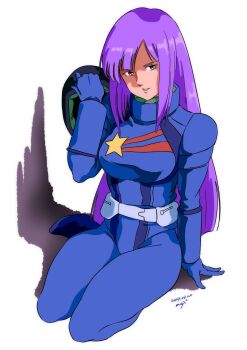 1980s_(style) 1girl artist_name blue_bodysuit bodysuit commentary_request dated gundam gundam_zz helmet highres long_hair looking_at_viewer oldschool pgmajimaji purple_eyes purple_hair retro_artstyle roux_louka shadow smile solo unworn_headwear unworn_helmet white_background