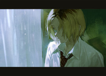 1boy black_border black_hair blonde_hair border collared_shirt diagonal-striped_clothes diagonal-striped_necktie haikyuu!! huangdanlan kozume_kenma letterboxed male_focus multicolored_hair necktie rain red_necktie roots_(hair) shirt short_hair solo striped_clothes two-tone_hair upper_body wet wet_hair white_shirt